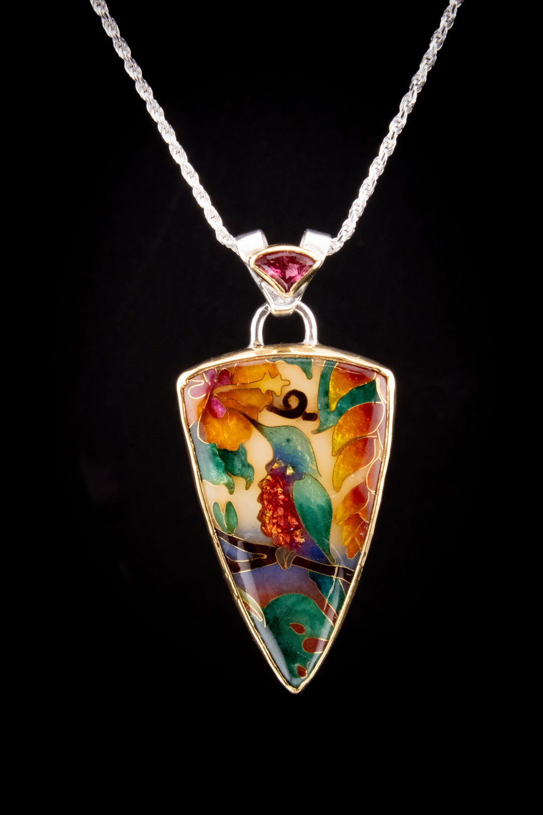 Tourmaline Humming Bird Cloisonne Pendant